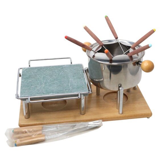 2-in-1 Fondue & Hot Stone Cooking Set | Wood Base, Stainless Pot & Granite Stone - Picture 1 of 11